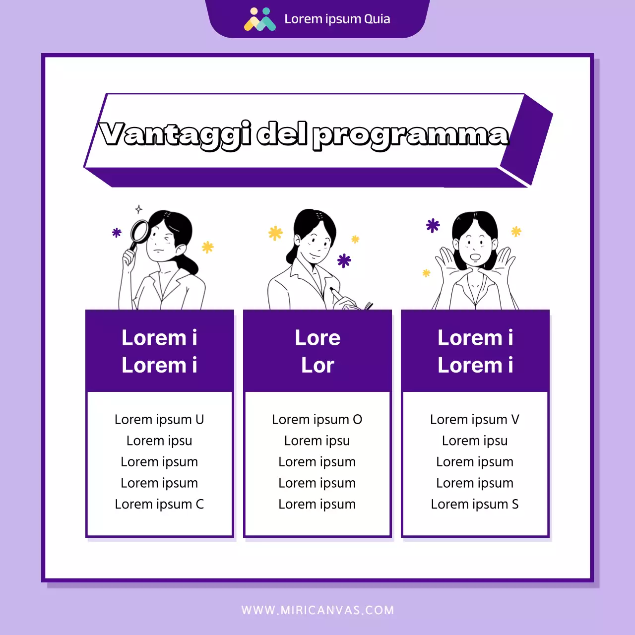 Programma moderno di sostegno all'occupazione femminile nel settore pubblico, di colore viola e giallo, promozione delle assunzioni