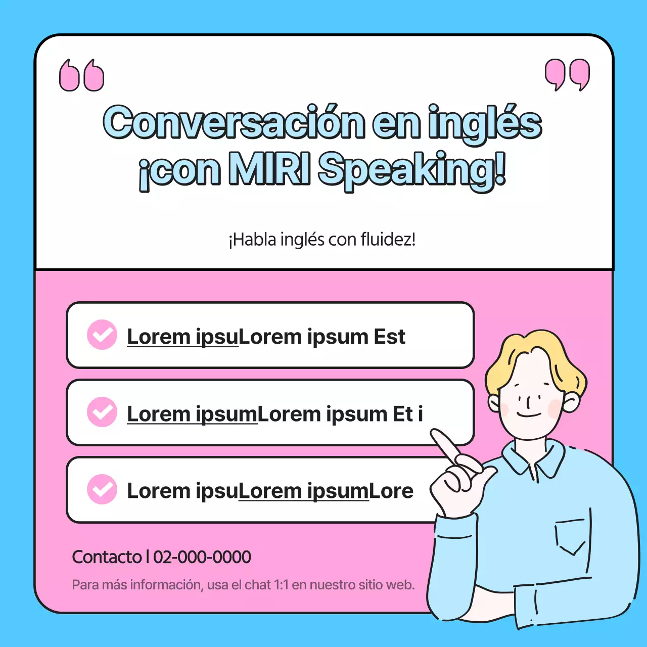 Promoción de una escuela de inglés kitsch en rosa y azul claro