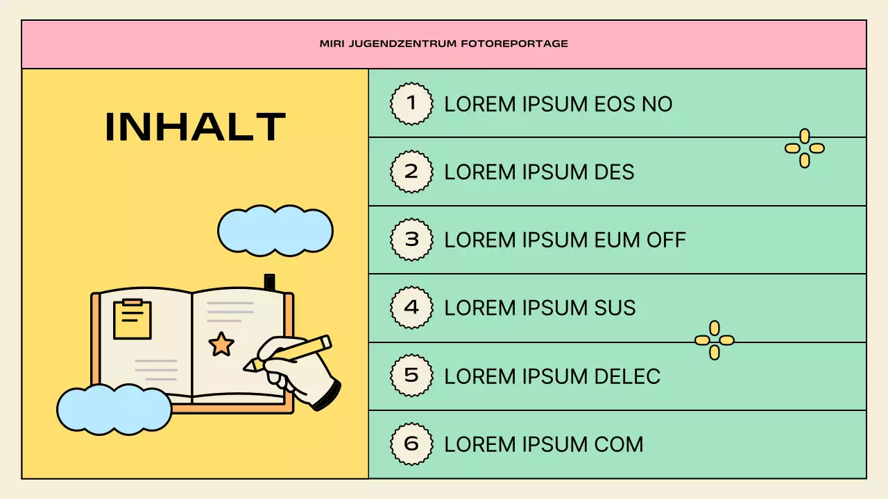 Präsentationen zu den Aktivitäten des Jugendzentrums in Gelb und Mintgrün