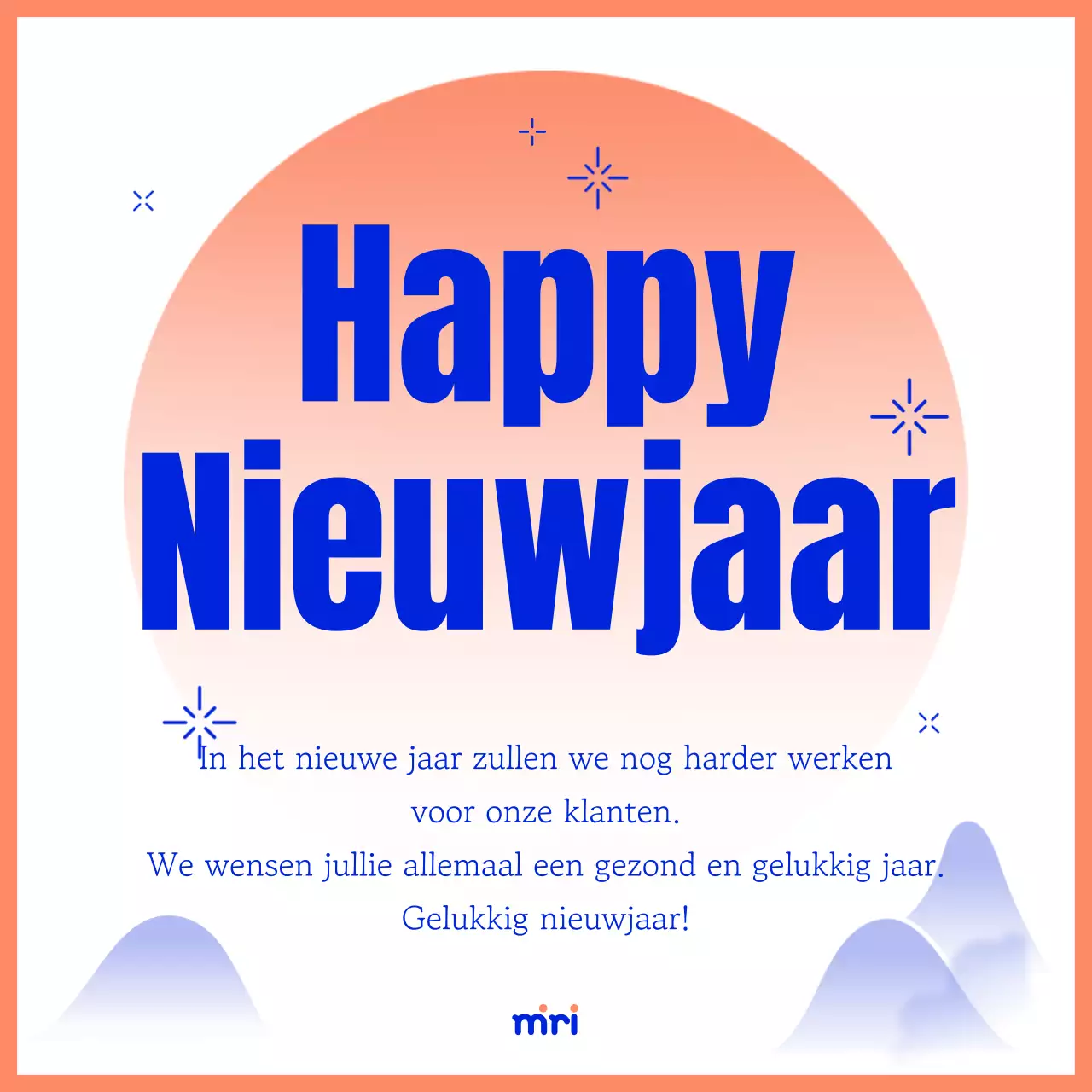 Eenvoudige nieuwjaarskaart in oranje en blauw