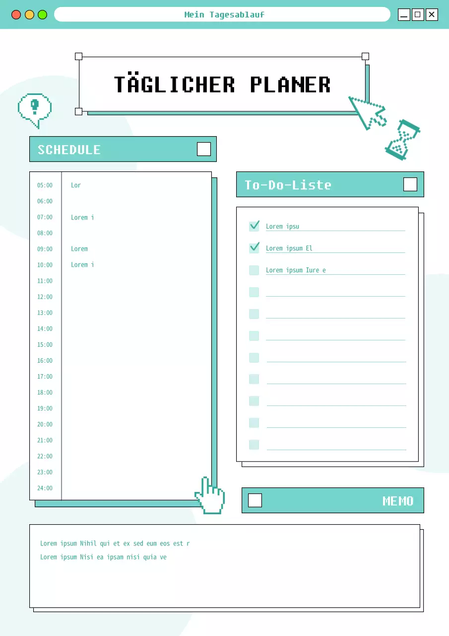 Kitschiger Internet-Konzeptplaner mit mintfarbenen und weißen Grafiken