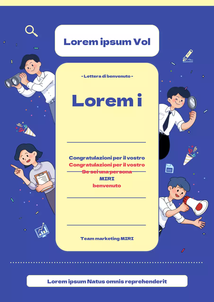 Un simpatico volantino di benvenuto al lavoro in blu e giallo