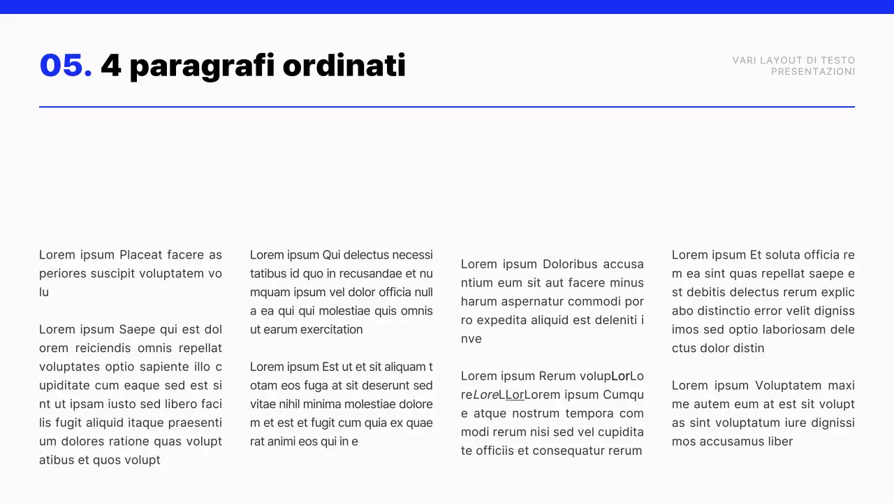 Relazione con layout di testo moderno in blu e bianco
