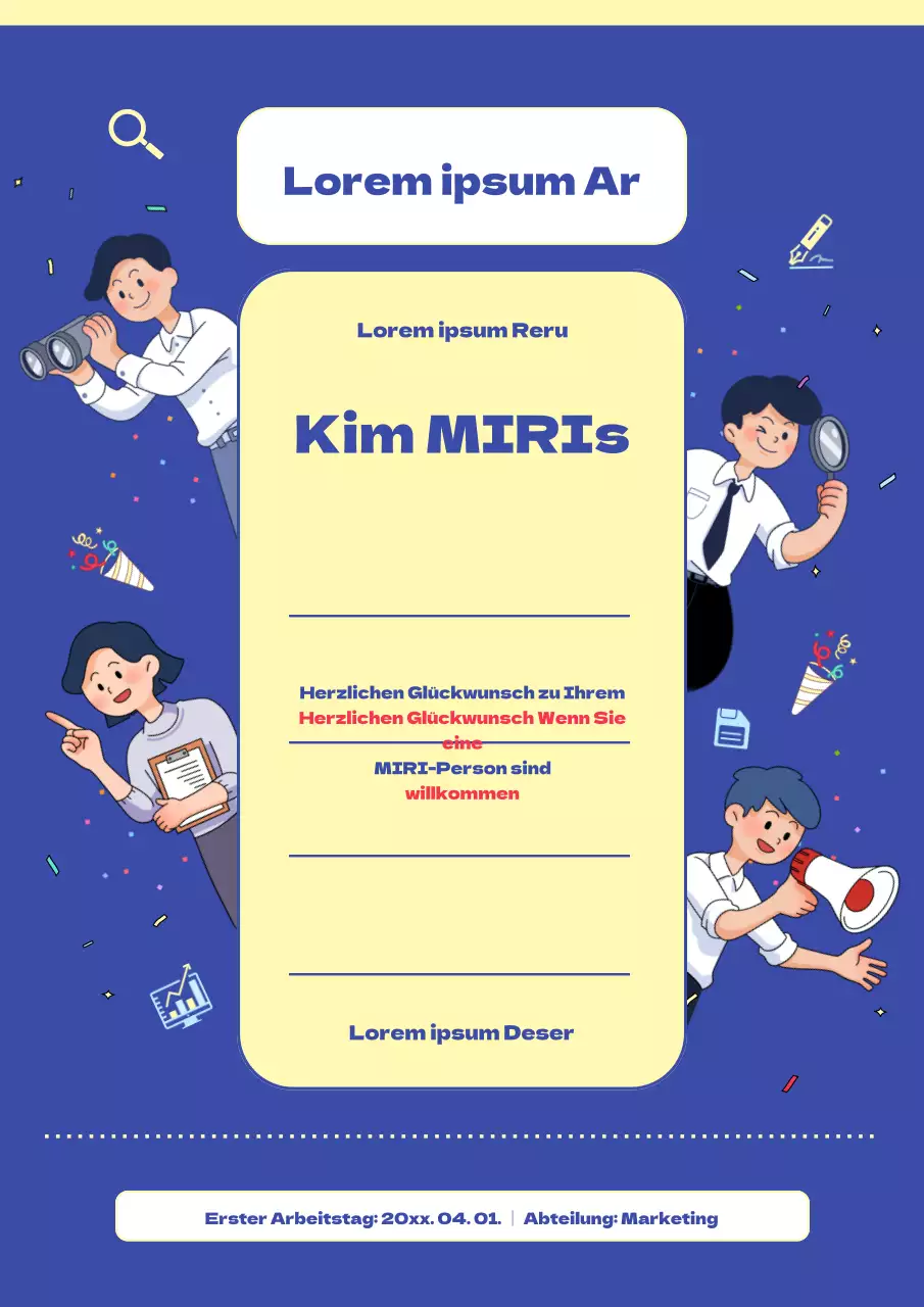 Ein hübsches blaues und gelbes Handout für den Arbeitsbeginn