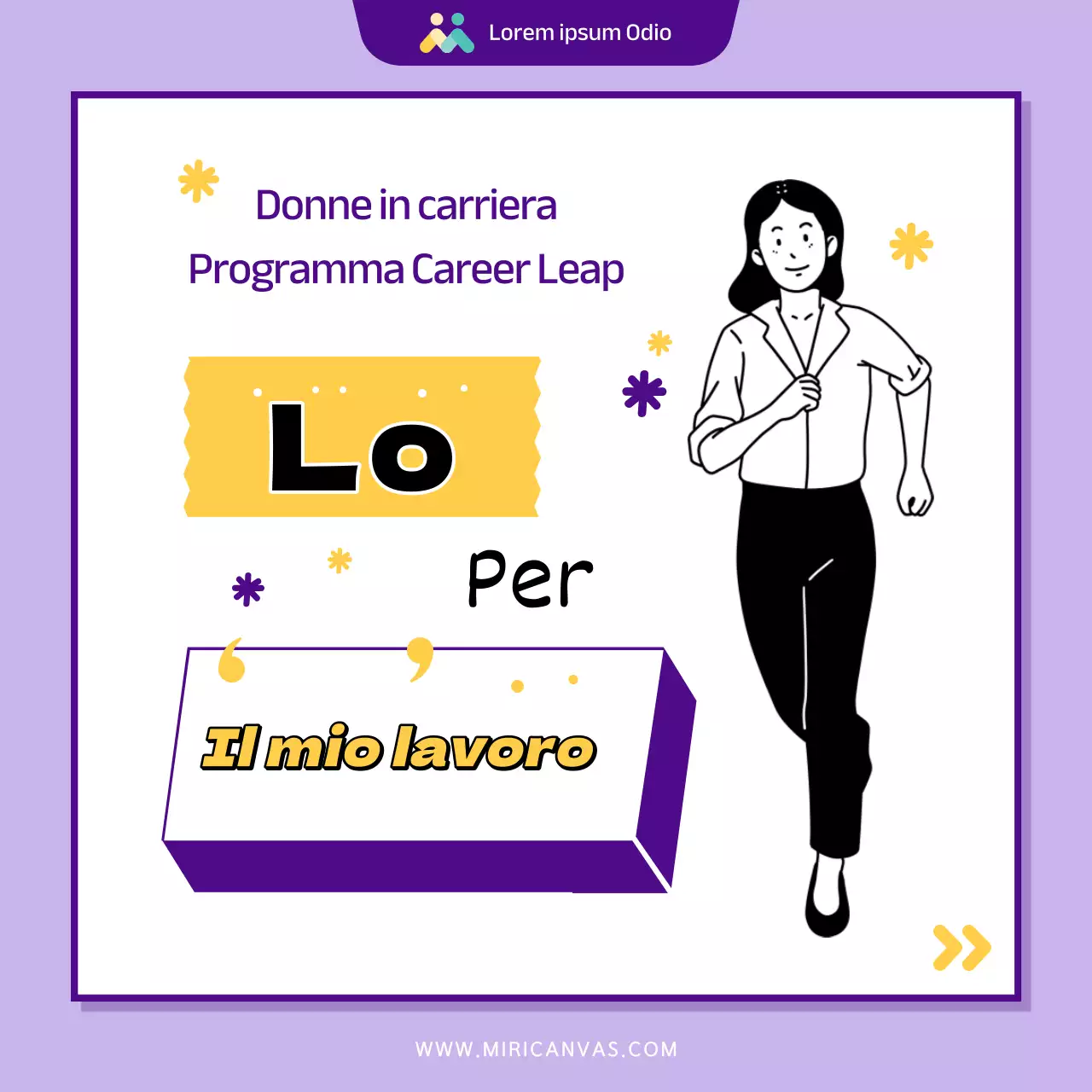 Programma moderno di sostegno all'occupazione femminile nel settore pubblico, di colore viola e giallo, promozione delle assunzioni