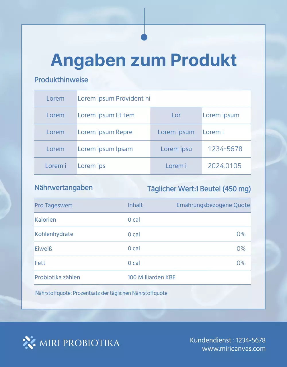 Einfacher Lactobacillus-Produktbrief in marineblau und hellblau