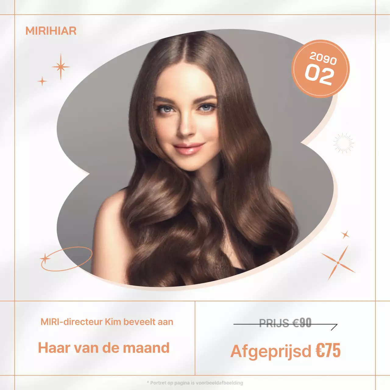 Minimalistische advertentie voor kapsalon in wit en oranje