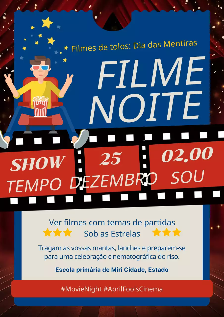 Promoção da noite de cinema do Dia da Mentira, vermelho e azul, com charme