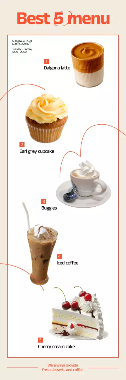 Promote cafe dessert drinks with orange accents