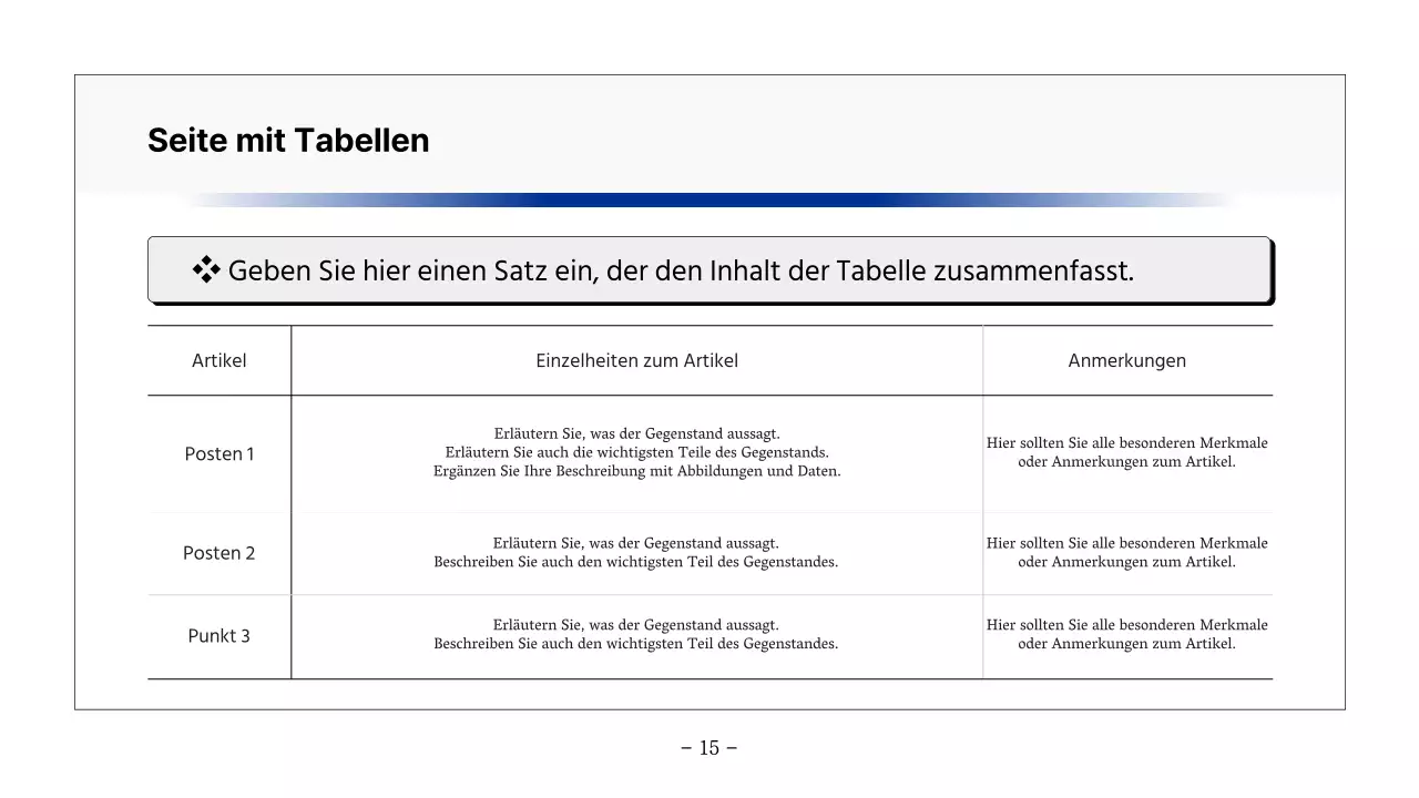 Basisbericht zum Ausdrucken in Marineblau und Grau