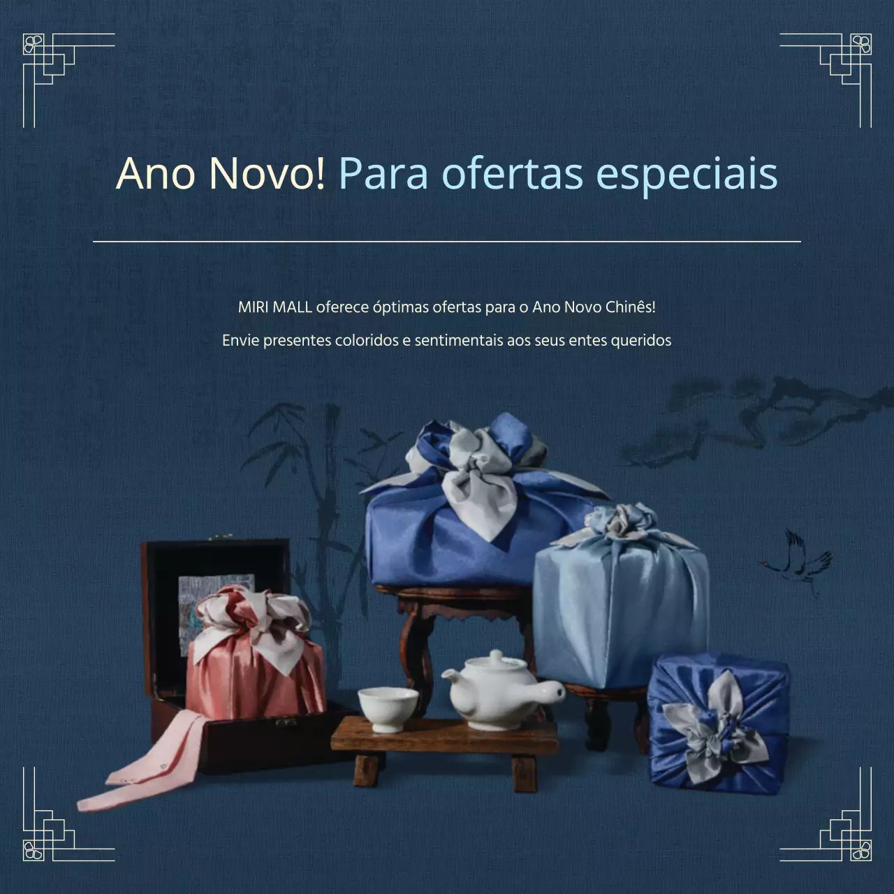 Anúncio de uma oferta de luxo para o Ano Novo Chinês em azul-marinho e marfim