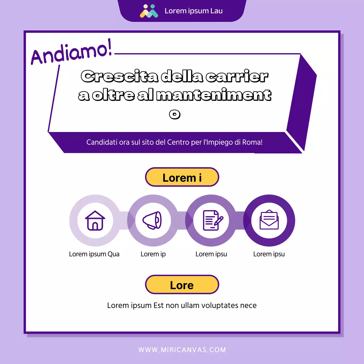 Programma moderno di sostegno all'occupazione femminile nel settore pubblico, di colore viola e giallo, promozione delle assunzioni