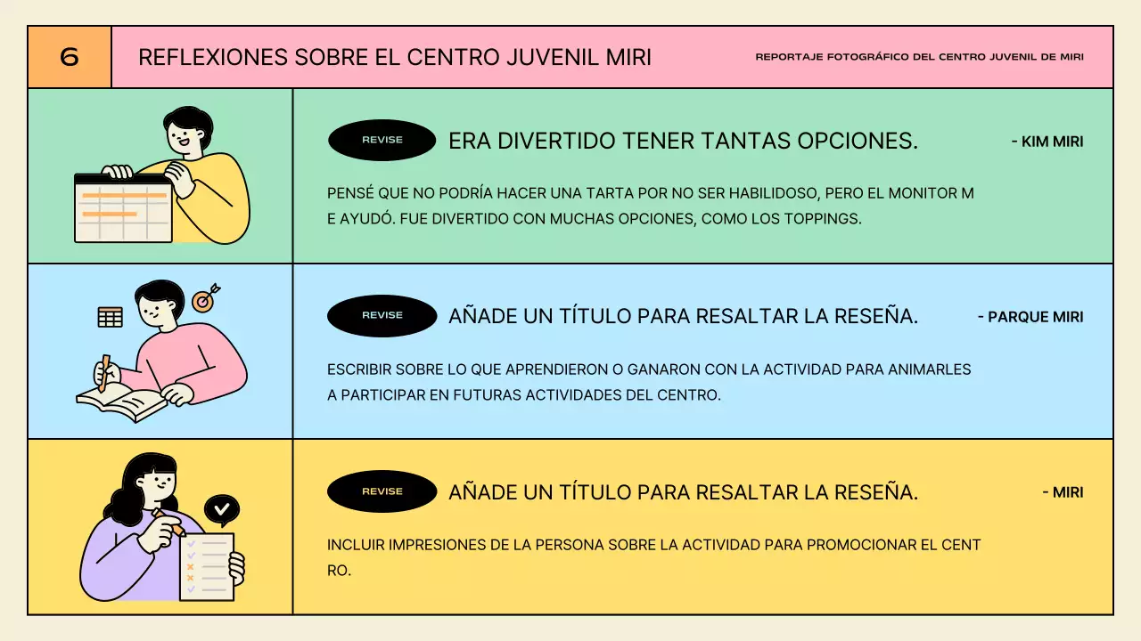 Presentaciones de actividades del centro juvenil amarillo y menta