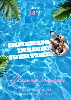 Promuovete una festa in spiaggia con foto di persone e piante che nuotano in azzurro.