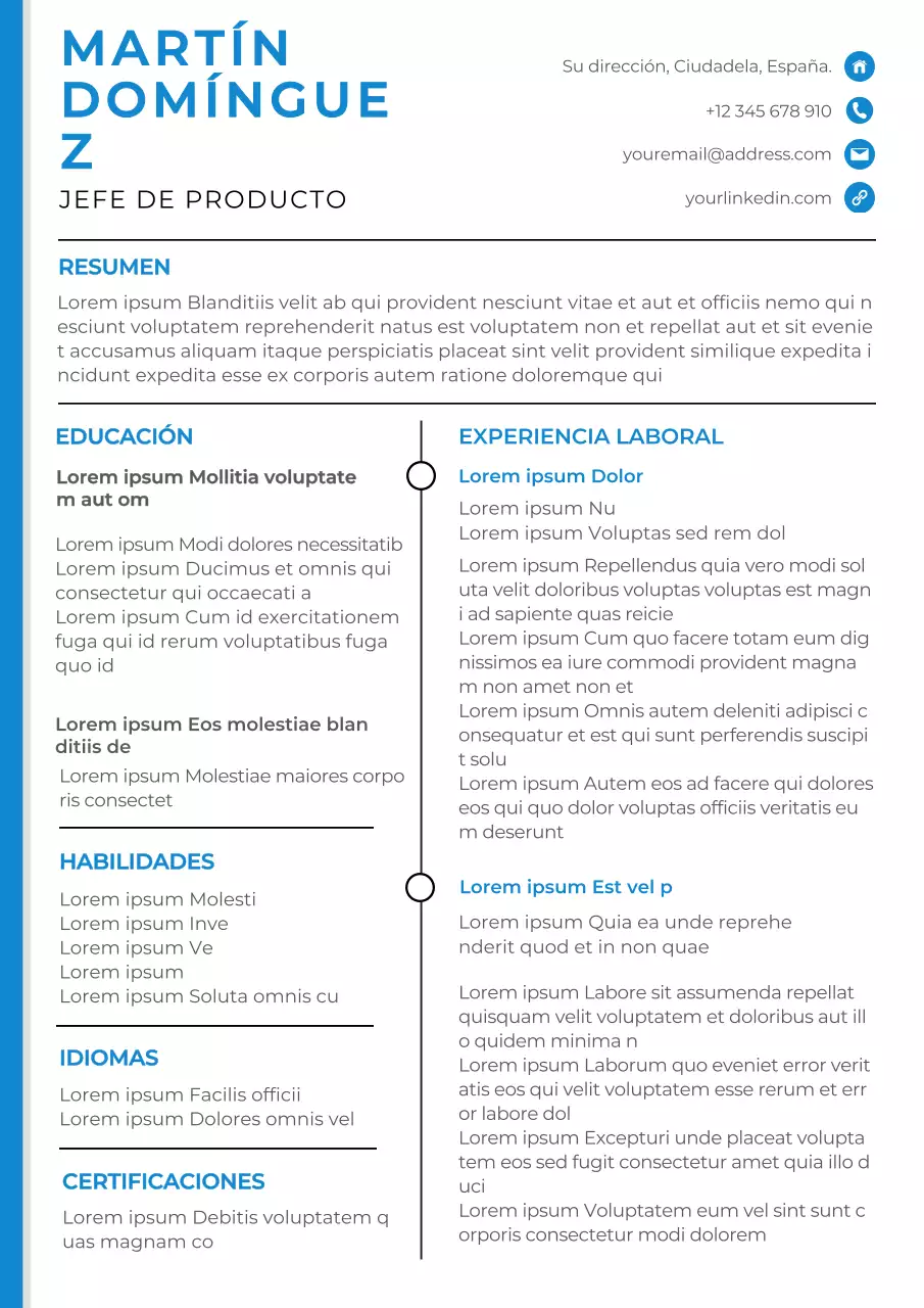 Currículum vitae de jefe de producto en blanco y azul