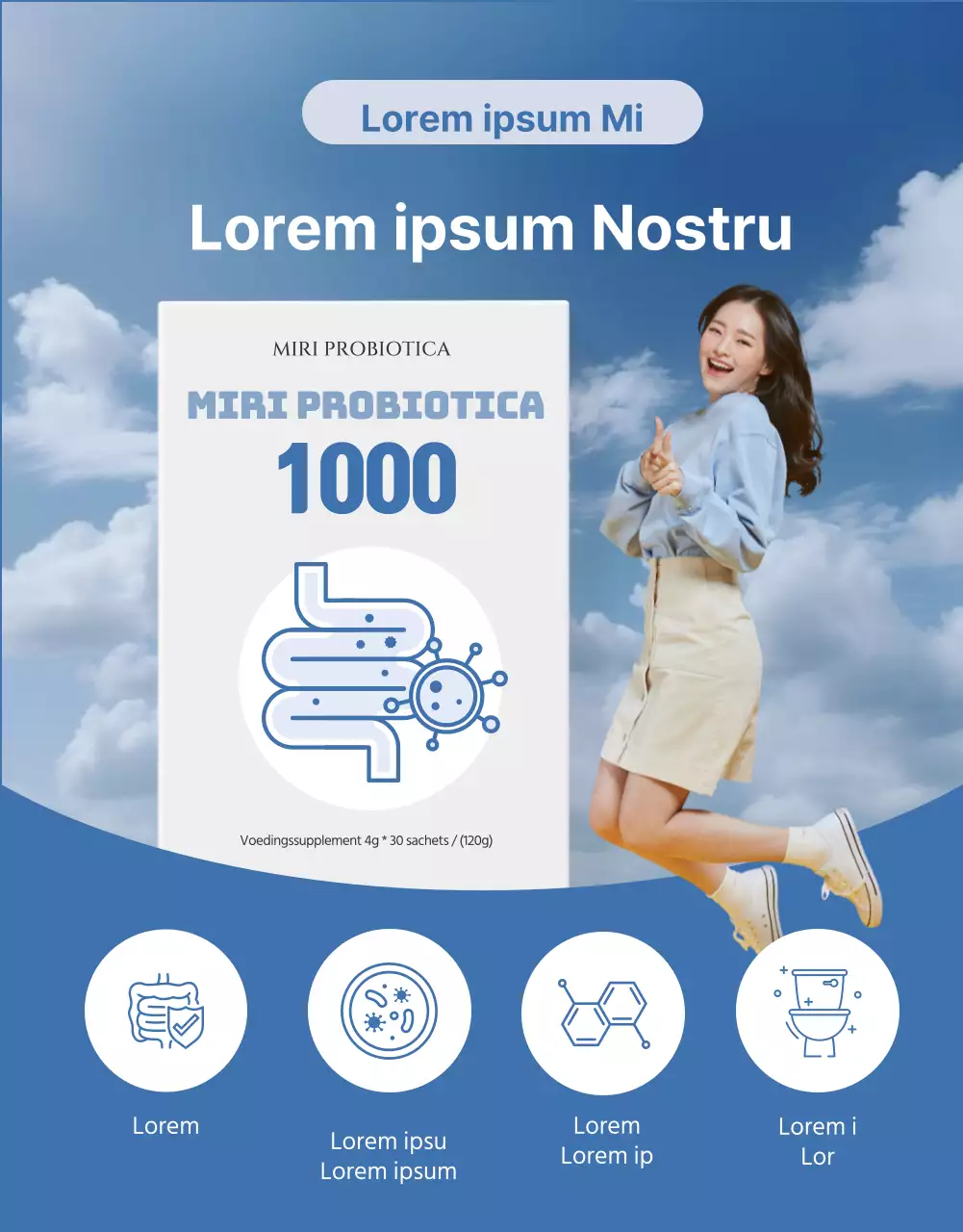 Eenvoudige lactobacillus productbeschrijving in marineblauw en lichtblauw