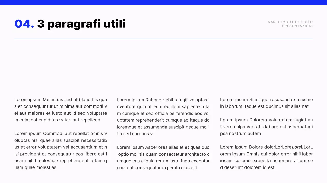 Relazione con layout di testo moderno in blu e bianco
