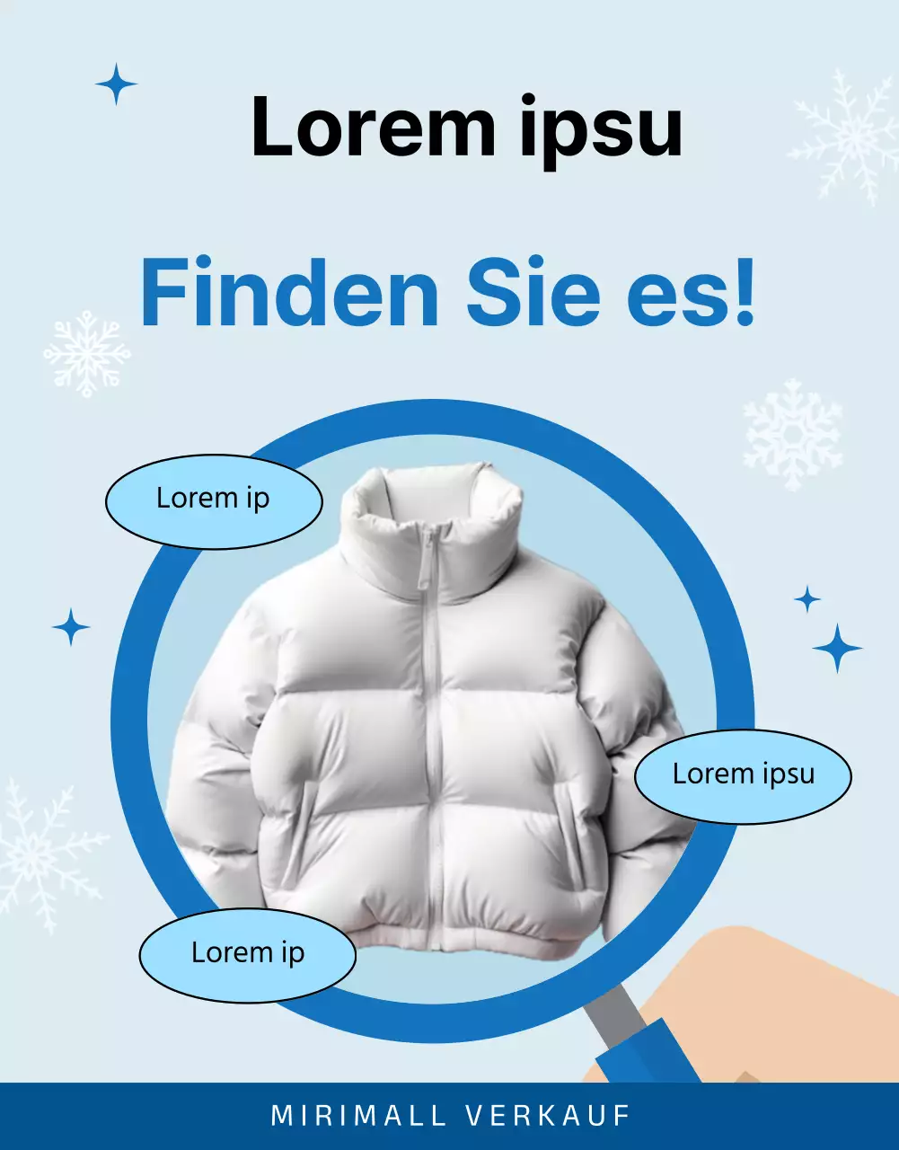 Werbung für moderne Winterkleidung in Blau und Hellblau
