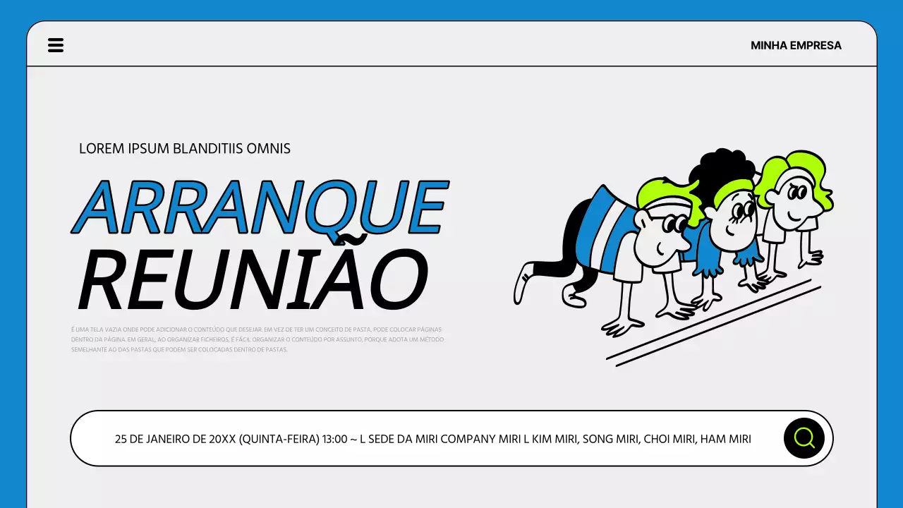 Uma agenda simples de reunião de arranque de projeto em azul e fluorescência