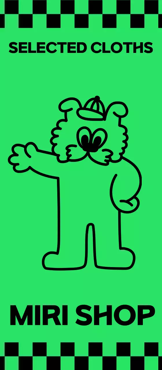 チェッカーボードとポップなキャラクターが描かれた洋服屋さん。