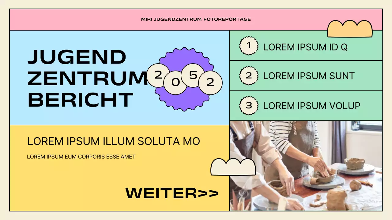 Präsentationen zu den Aktivitäten des Jugendzentrums in Gelb und Mintgrün