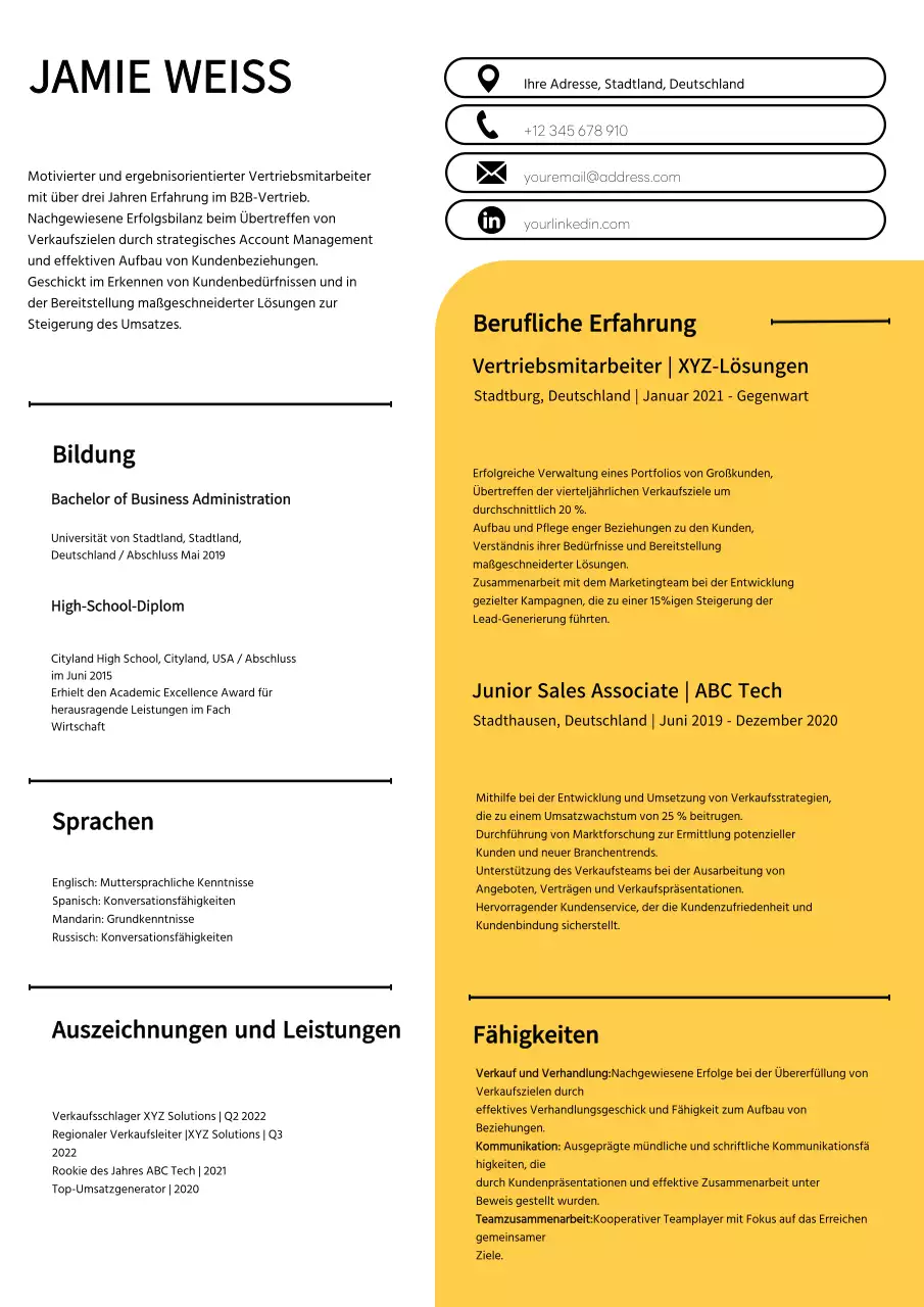 Weiß und Gelb Einfacher Lebenslauf für Vertriebsmitarbeiter