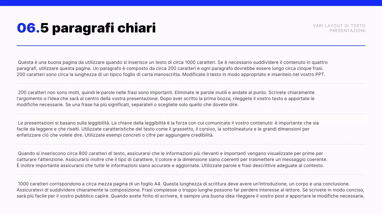 Relazione con layout di testo moderno in blu e bianco