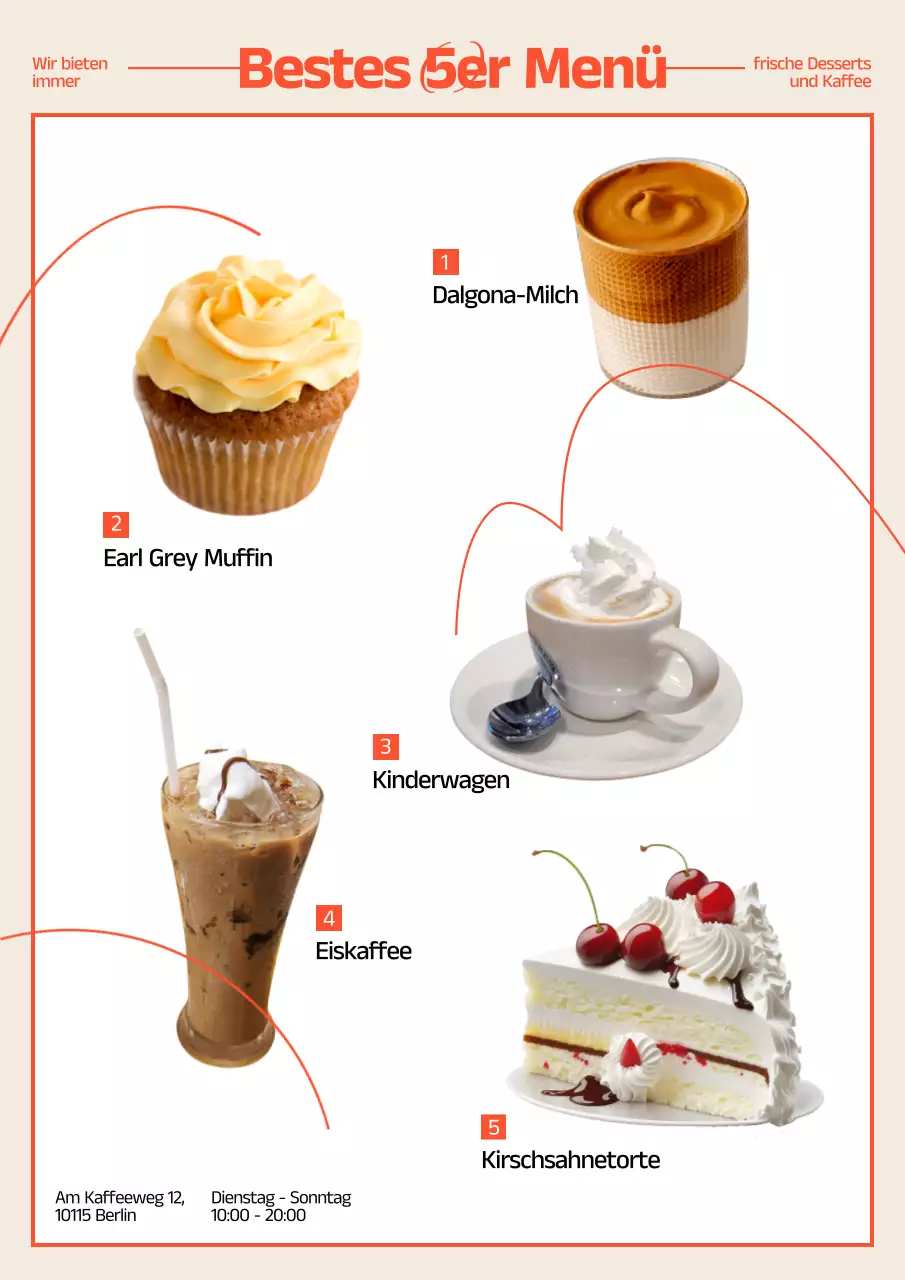 Förderung von Café-Dessertgetränken mit orangefarbenen Akzenten