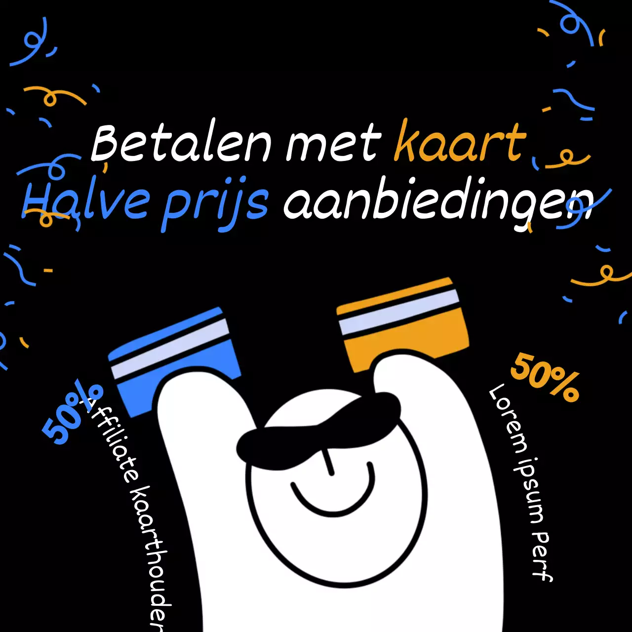 Affiliatekaart kortingsaanbieding evenement advertentie met gele en blauwe gags