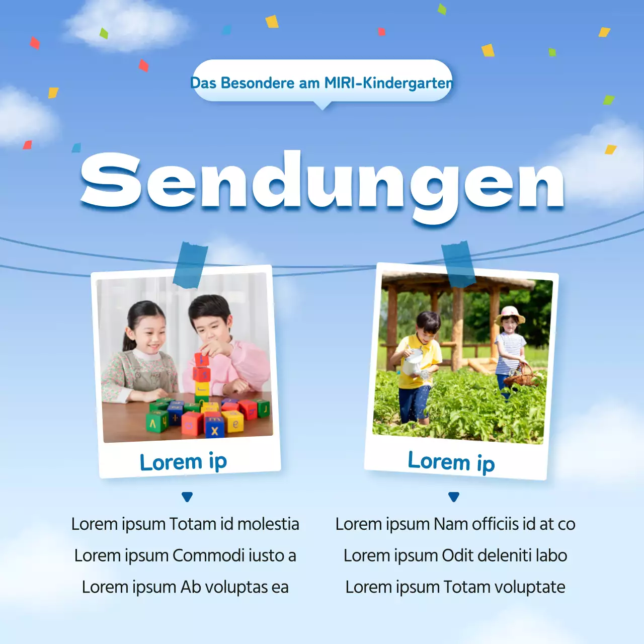 Eine hübsche hellblau-weiße Stellenausschreibung für Kindergärten