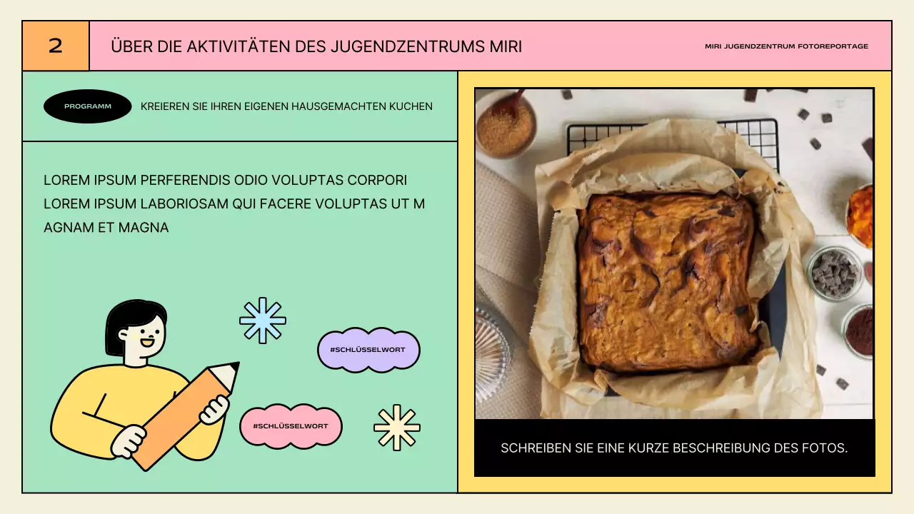 Präsentationen zu den Aktivitäten des Jugendzentrums in Gelb und Mintgrün