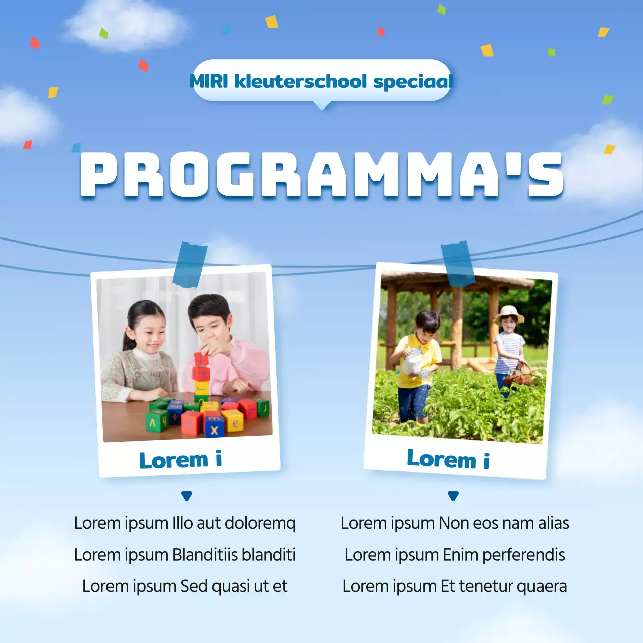 Een mooi wervingsbericht voor een kleuterschool in lichtblauw en wit