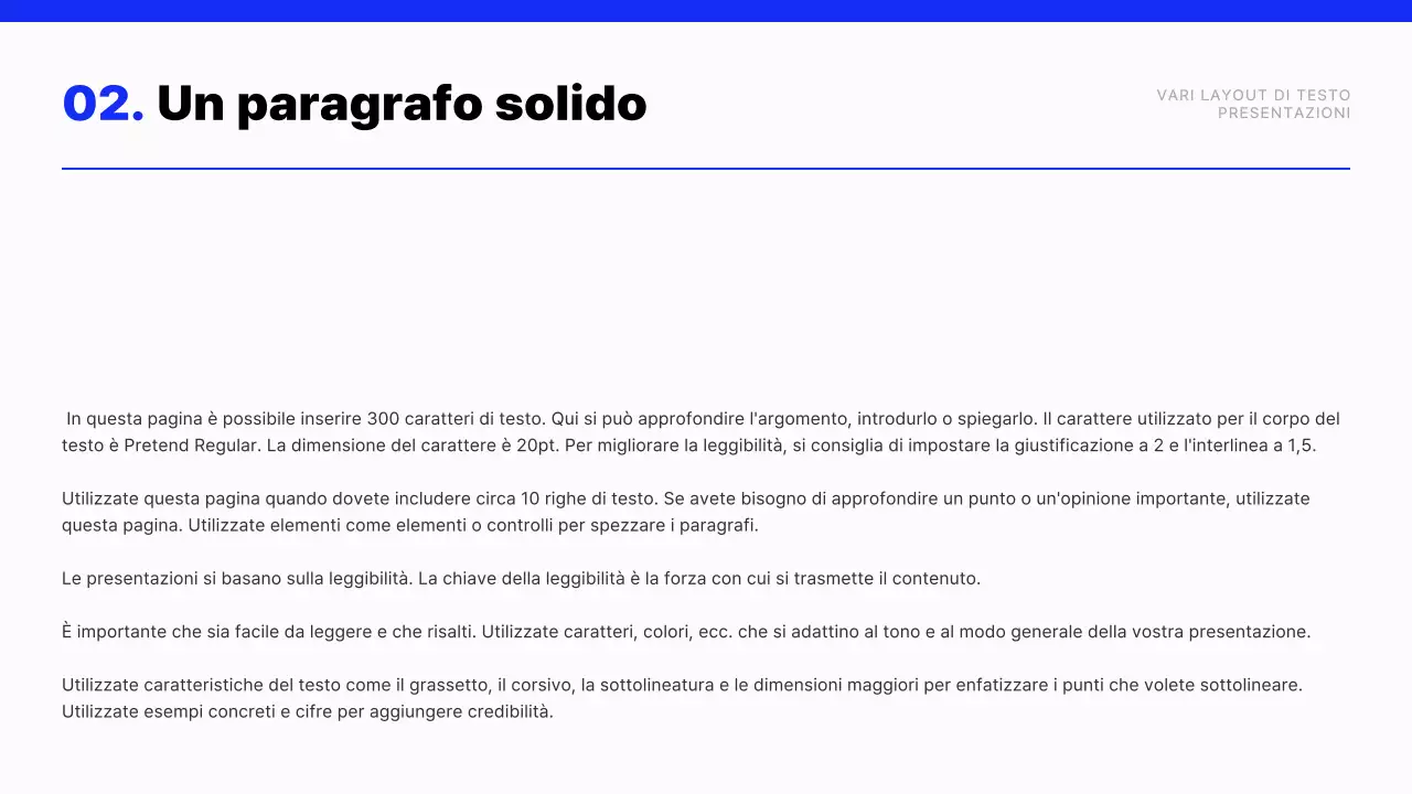 Relazione con layout di testo moderno in blu e bianco