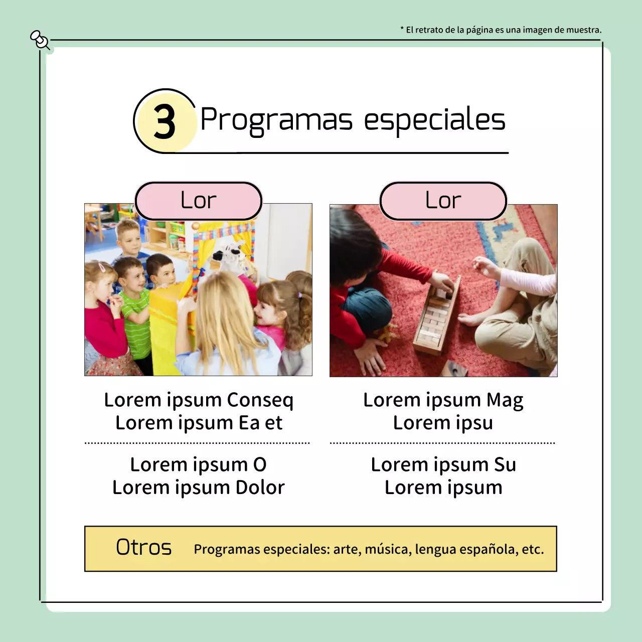 Simpáticos anuncios preescolares en amarillo y rosa