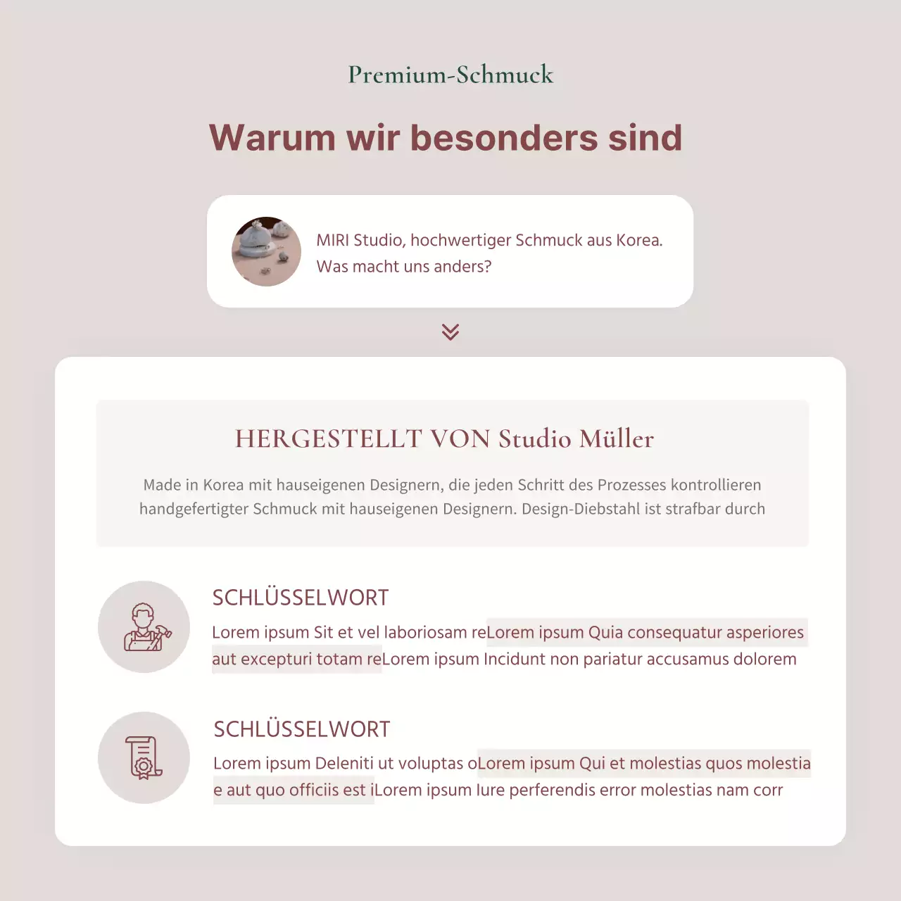 Eine Anzeige, die ein Lookbook mit trendigen Schmuckaccessoires in Rosa und Braun verkauft.