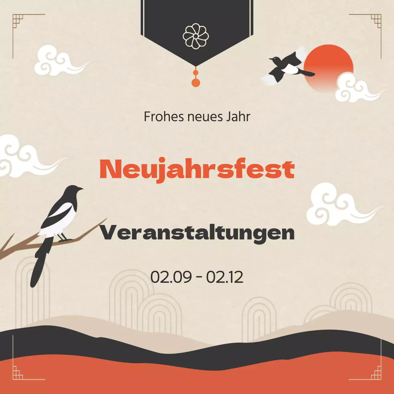 Orientalische chinesische Neujahrsanzeige in Orange und Braun