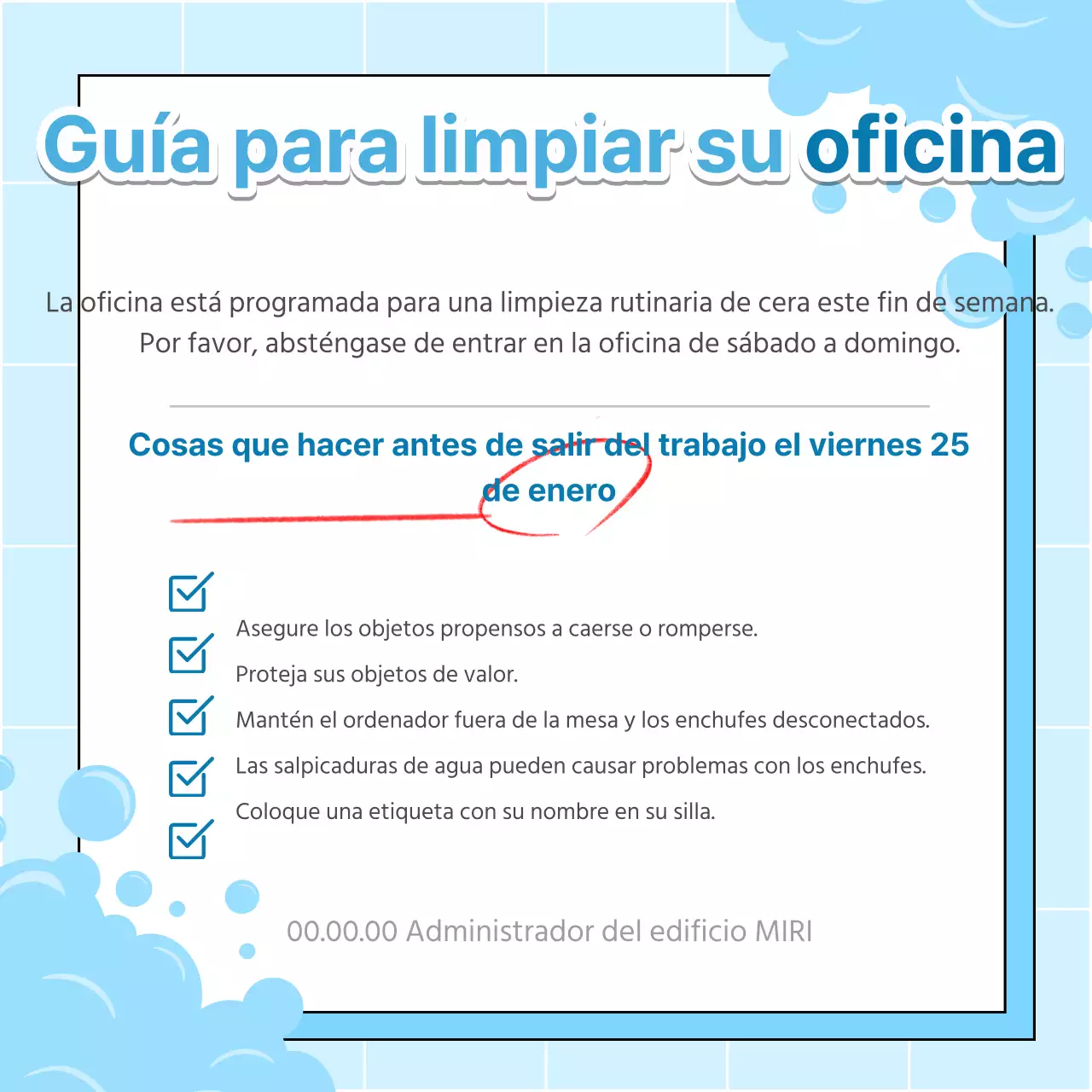 Anuncio sencillo de limpieza de cera de oficinas en azul claro y blanco