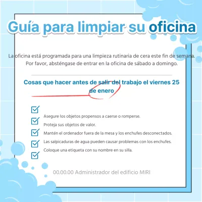 Anuncio sencillo de limpieza de cera de oficinas en azul claro y blanco