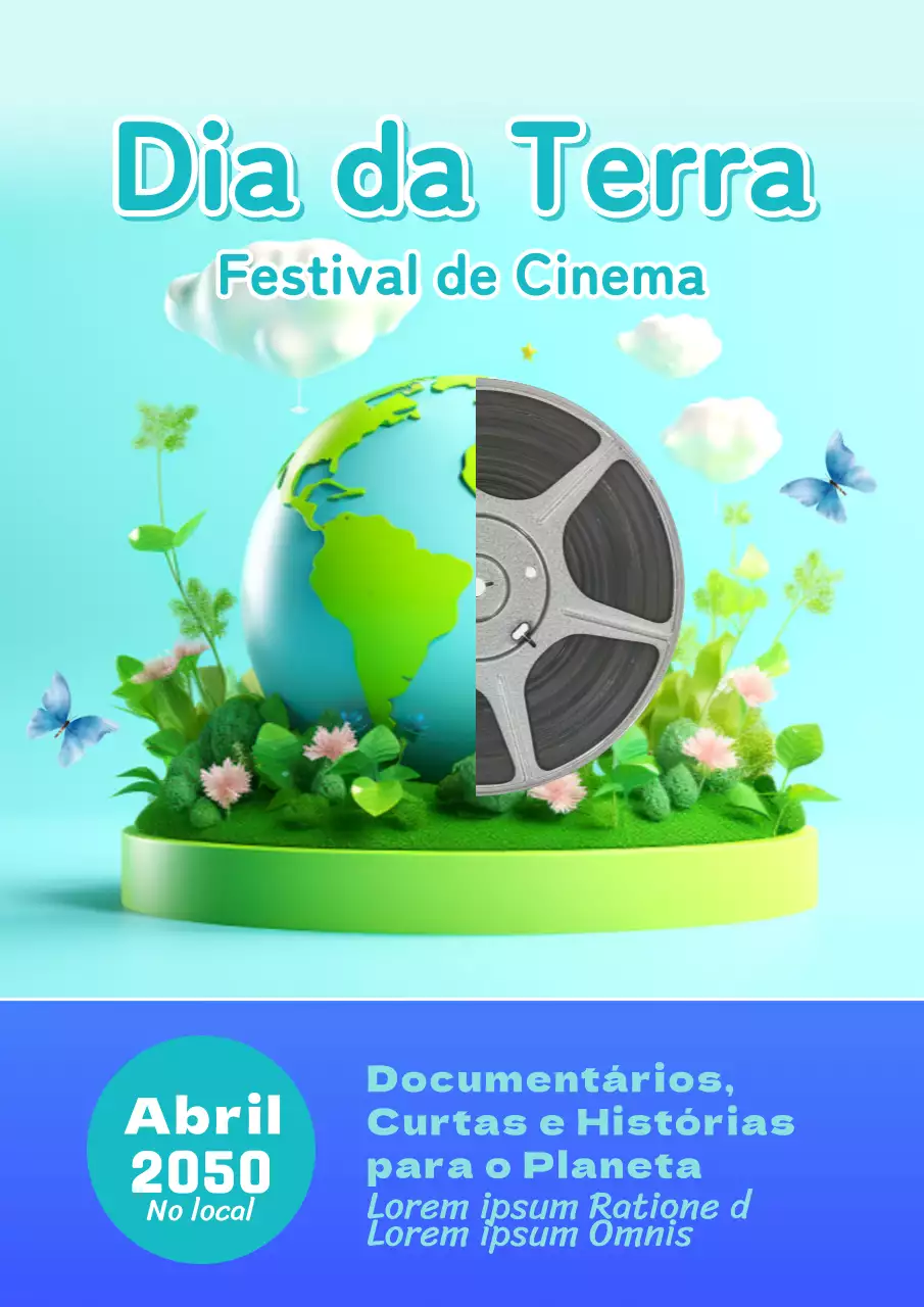 Promoção do Festival de Cinema do Dia da Terra com tema da natureza azul-celeste e roxo