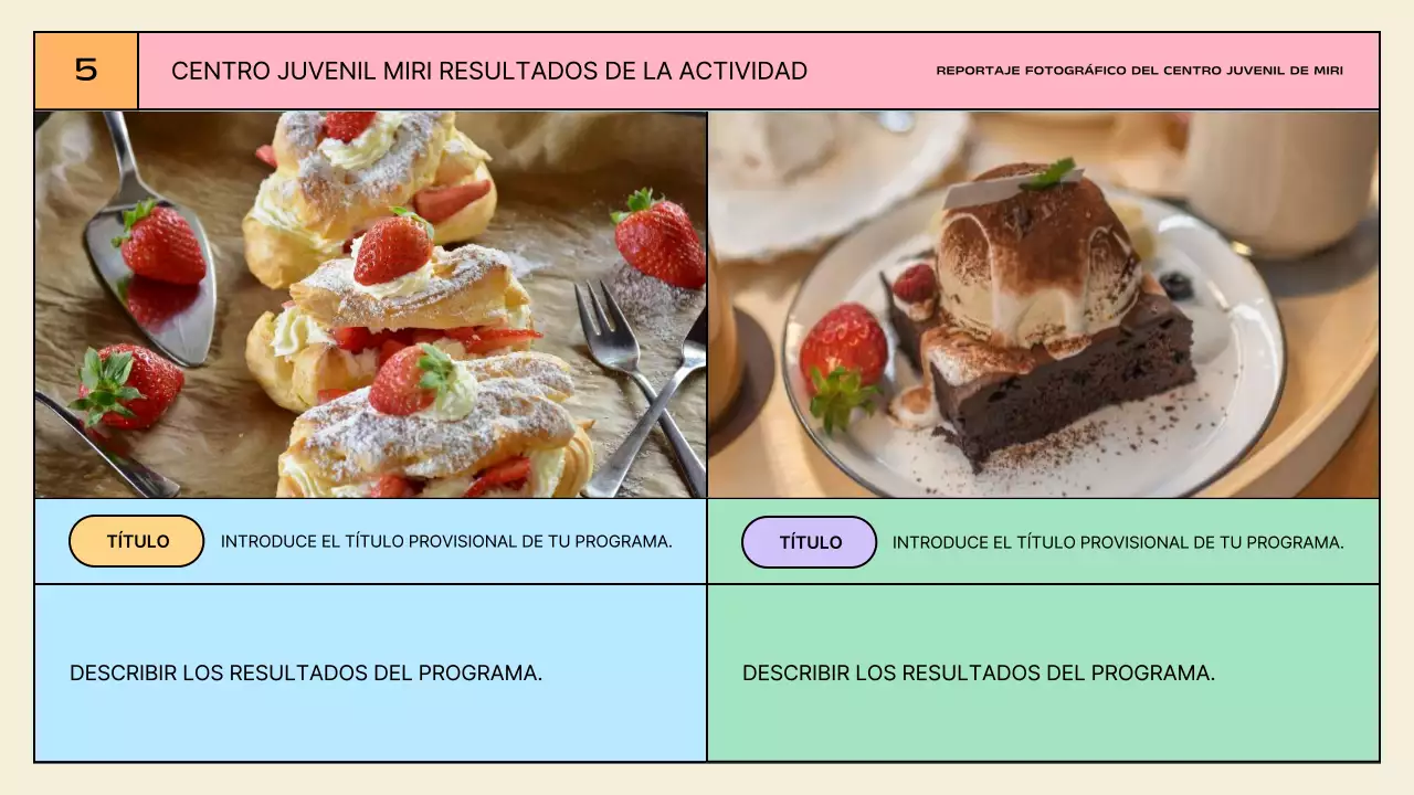 Presentaciones de actividades del centro juvenil amarillo y menta