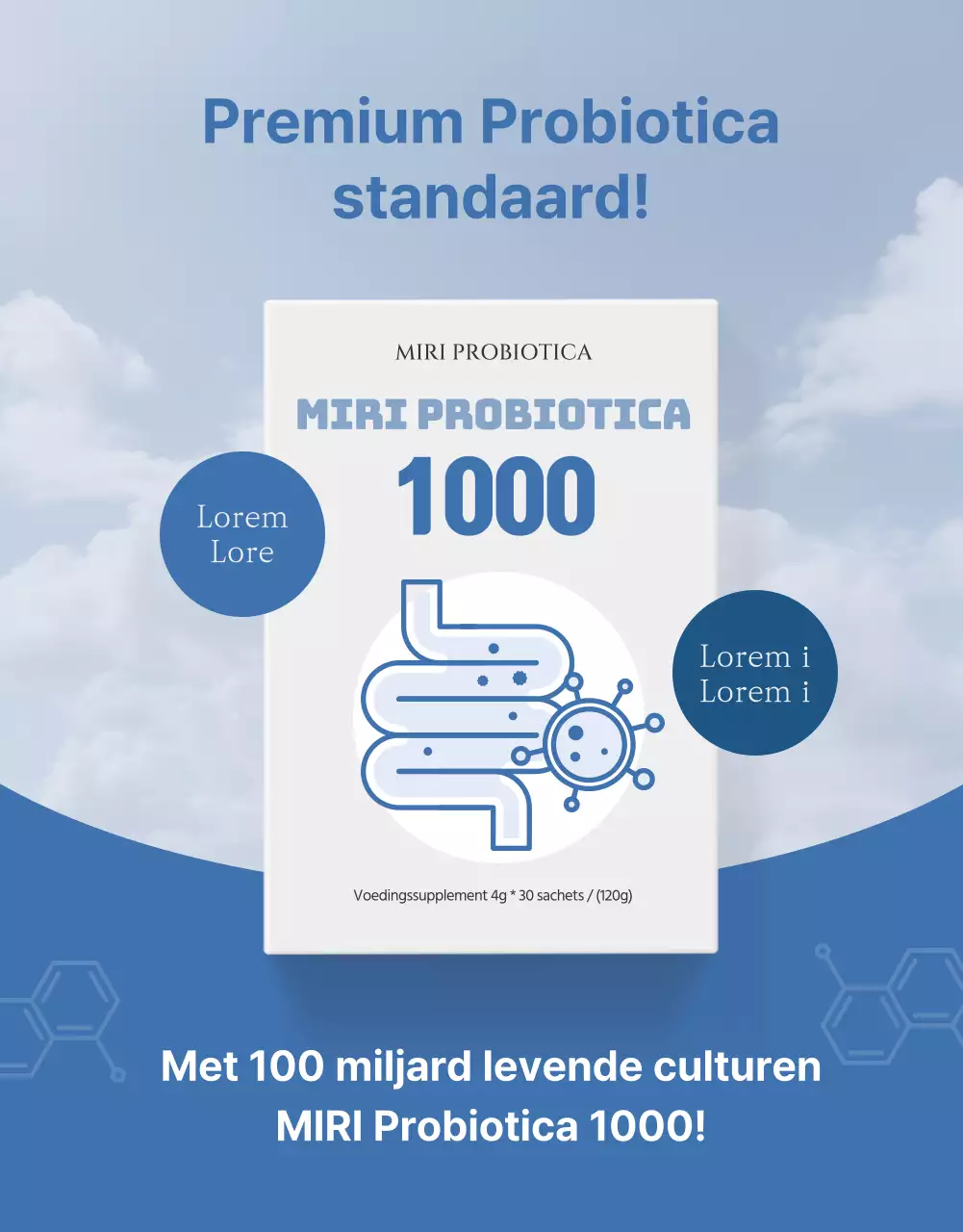 Eenvoudige lactobacillus productbeschrijving in marineblauw en lichtblauw