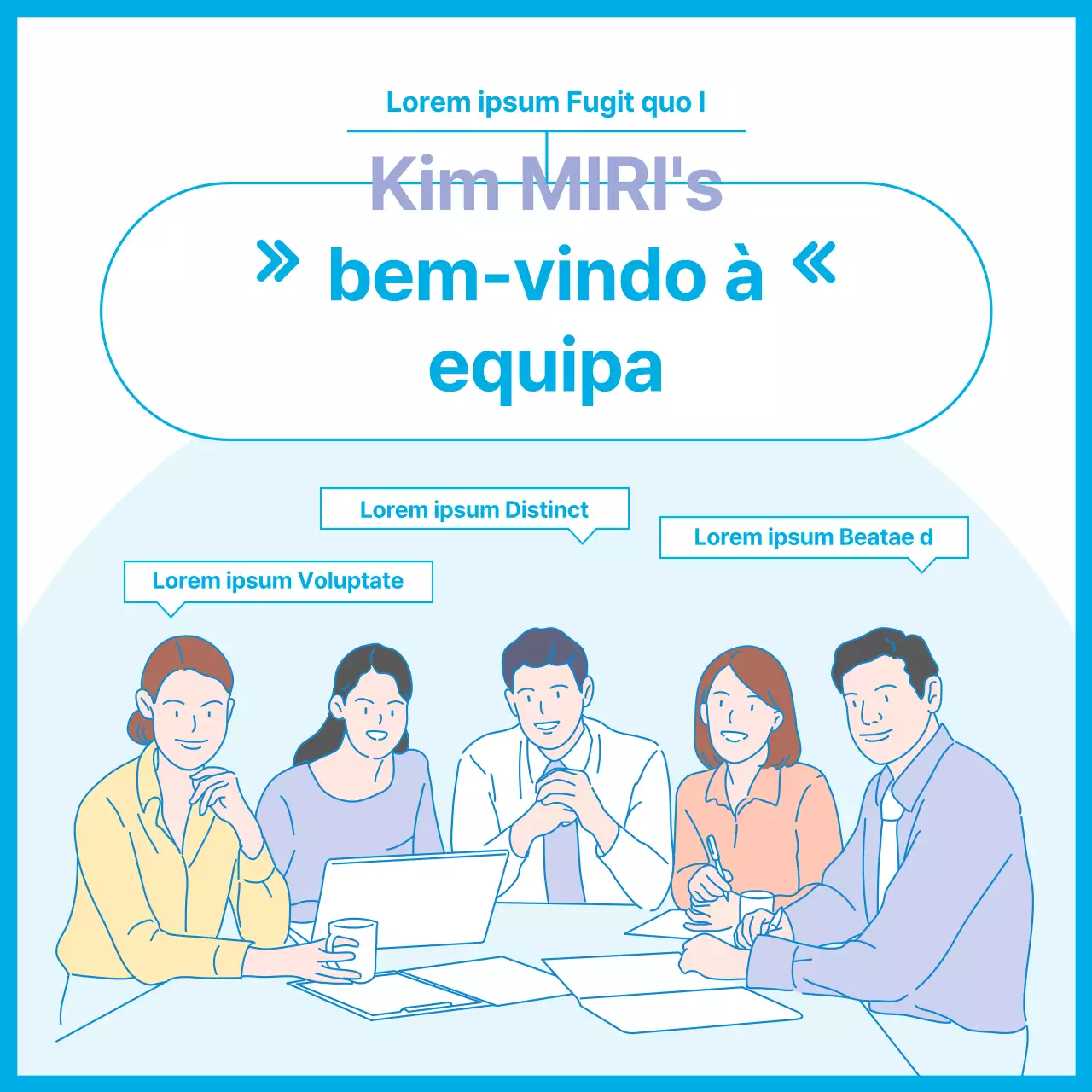 Anúncio simples de boas-vindas à equipa com gráficos em lilás e azul claro