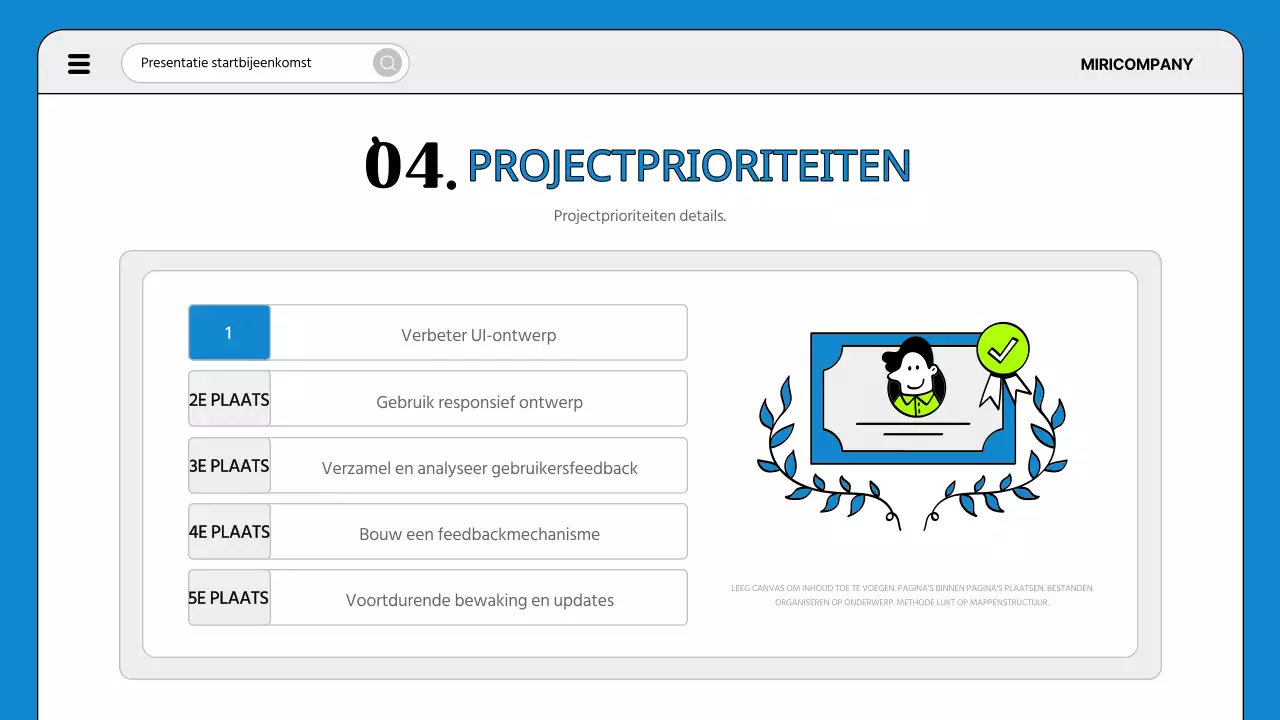 Een eenvoudige agenda voor de startvergadering van een project in blauw en fluorescentie