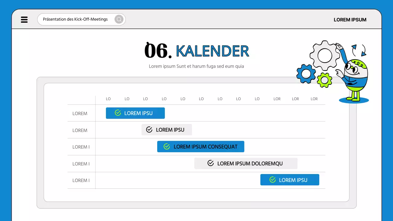 Eine einfache Tagesordnung für ein Projektstarttreffen in Blau und Fluoreszenz