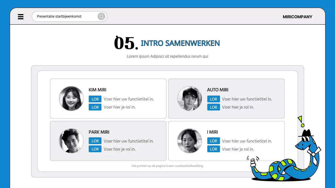 Een eenvoudige agenda voor de startvergadering van een project in blauw en fluorescentie