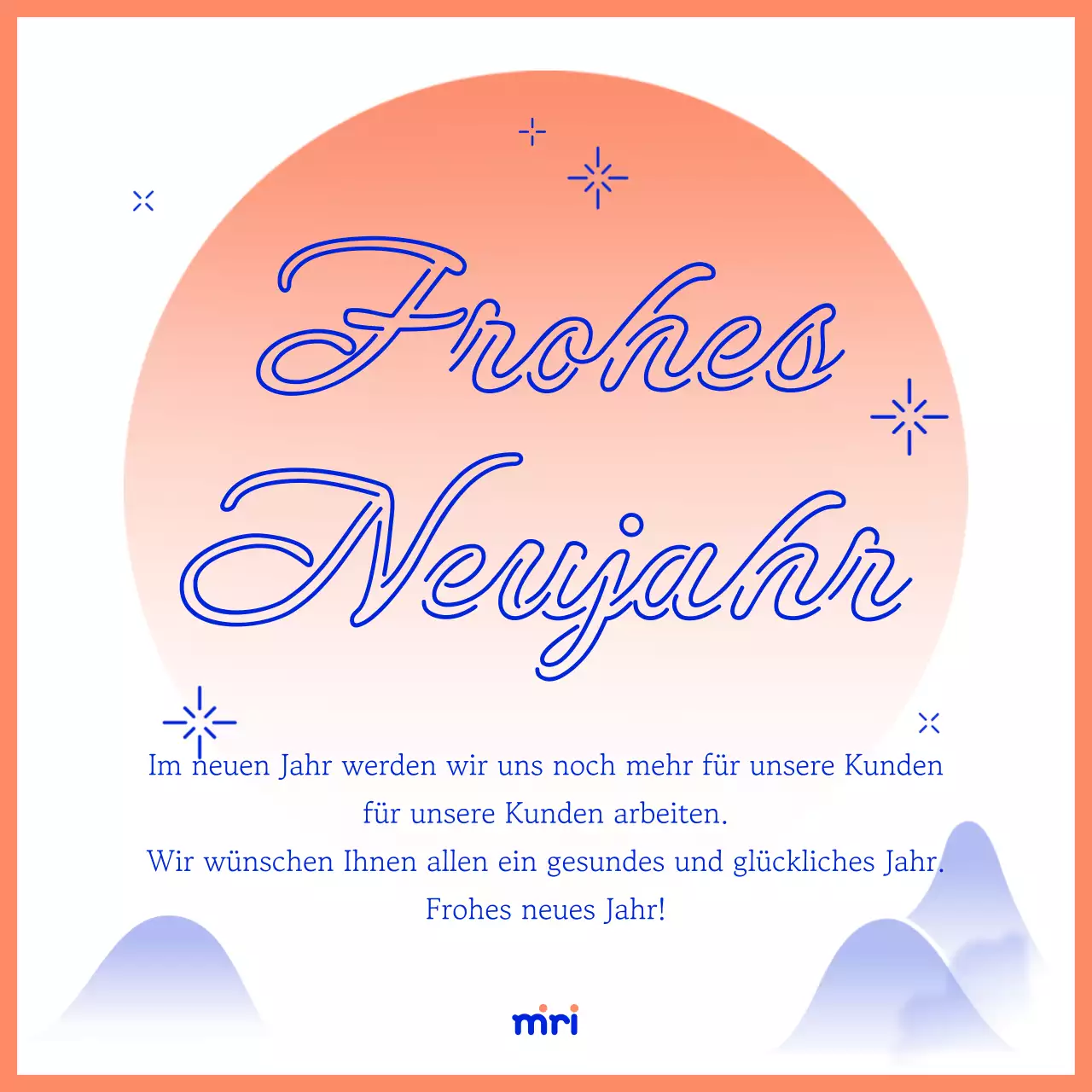 Einfache Neujahrskarte in Orange und Blau