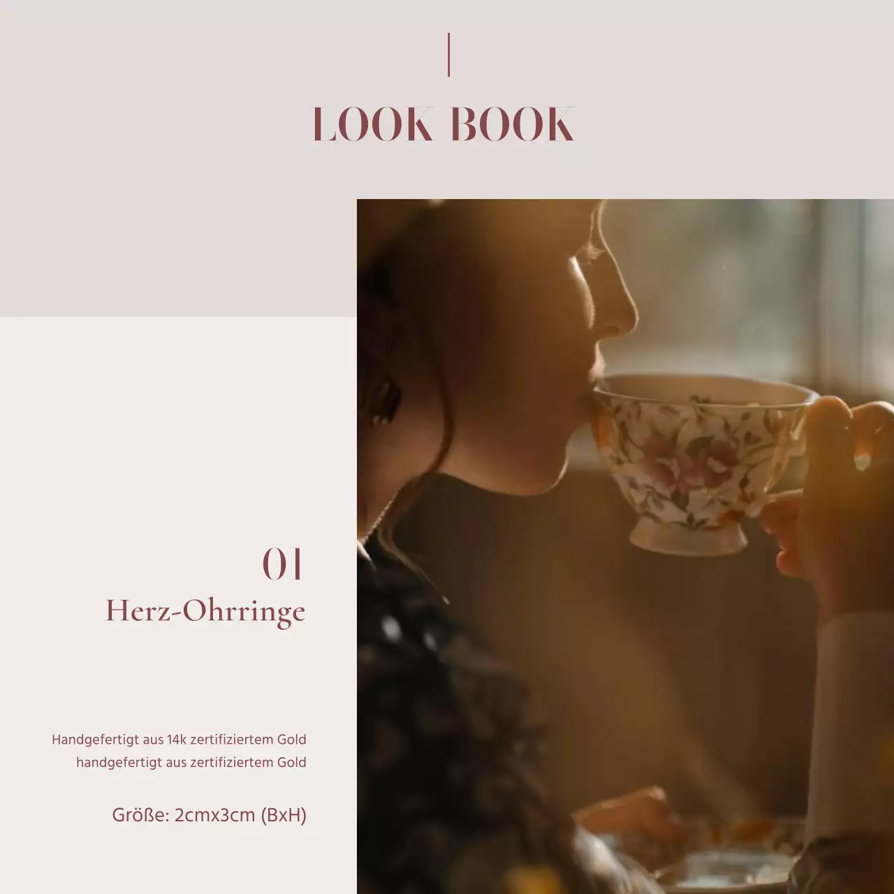 Eine Anzeige, die ein Lookbook mit trendigen Schmuckaccessoires in Rosa und Braun verkauft.