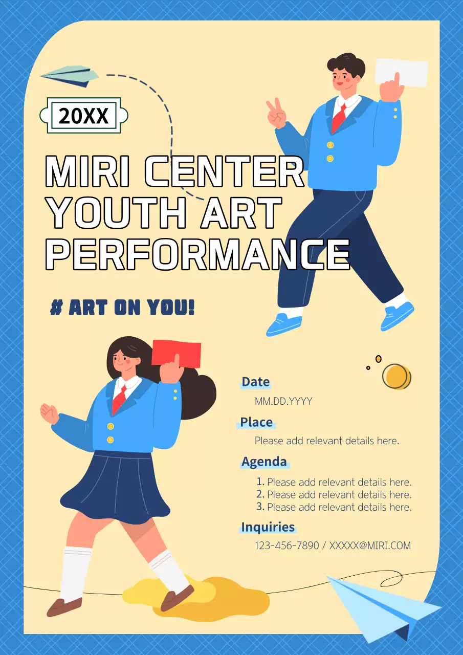 파랑과 노랑의 기본적인 청년예술 발표회 홍보