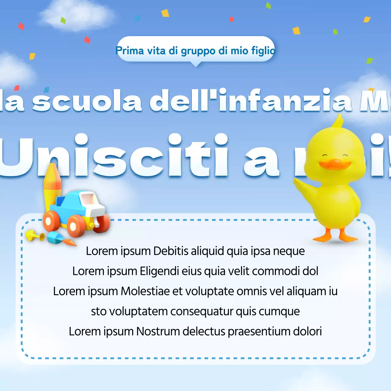Un grazioso avviso di selezione per la scuola materna in azzurro e bianco