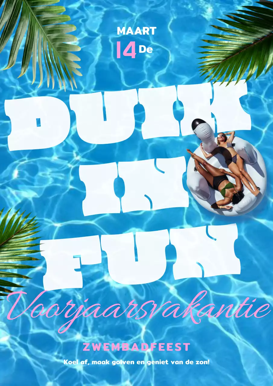 Promoot een strandfeest met foto's van mensen en planten die in lichtblauw zwemmen.